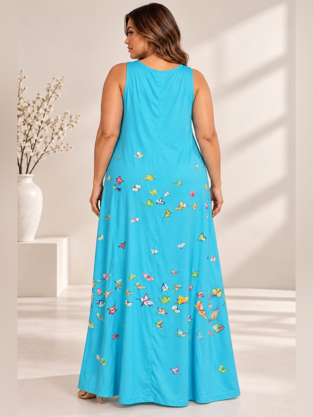 Turquoise Butterfly Print Maxi Dress Size 2XL - Picture 2 of 5